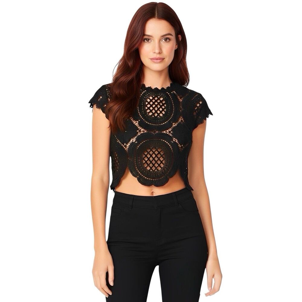 WDIRARA Womens Blouse Top Large Crop Crochet Short Sleeve Dressy Evening Party